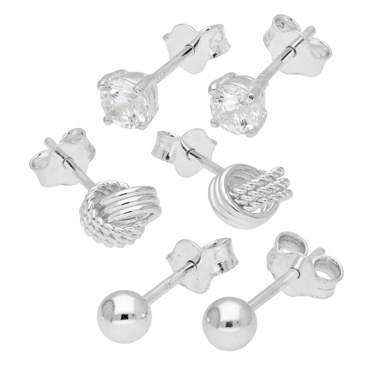 Sterling Silver Knot 4 mm CZ &amp; Ball Stud øredobber sett med 3