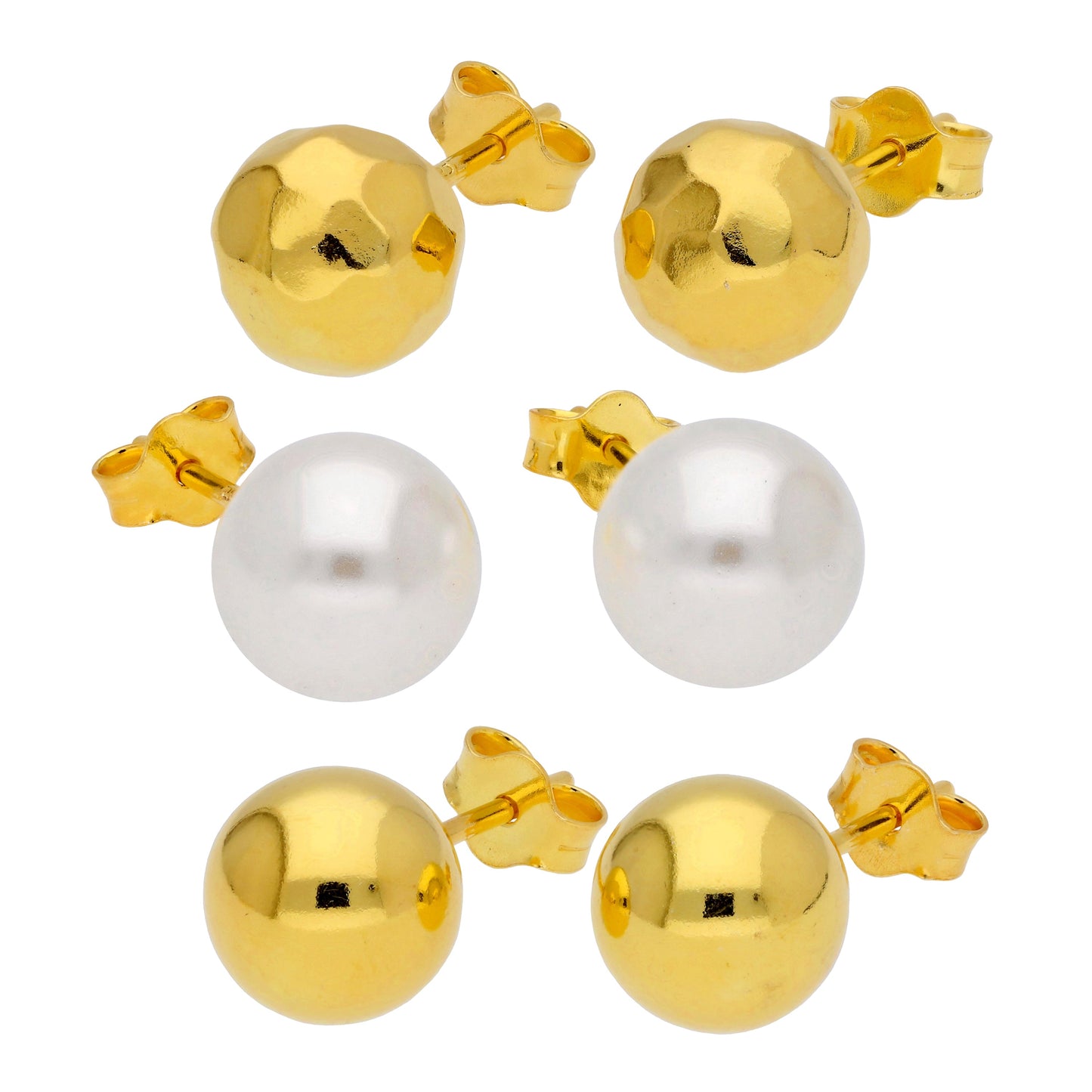 Gold Plated Sterling Silver 8mm Pearl & Plain Ball Stud Set