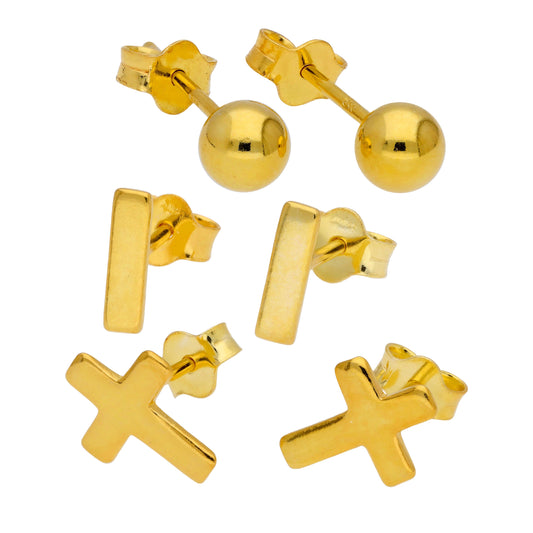 Gold Plated Sterling Silver Cross Bar Ball Stud Earrings Set