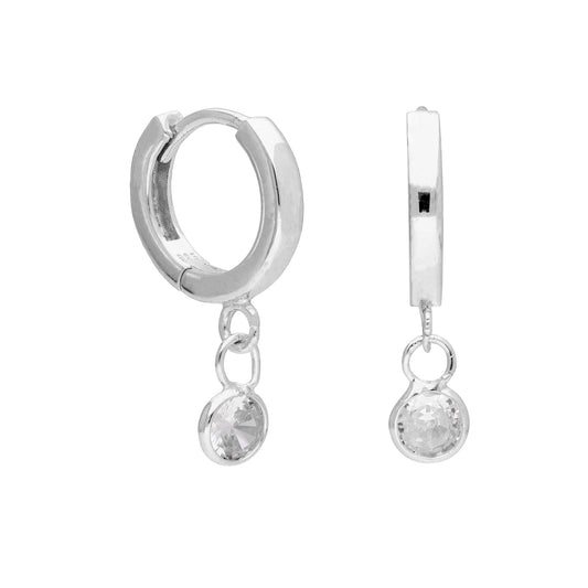 Sterling Silver Round CZ Charm Thick Huggie Hoop Earrings