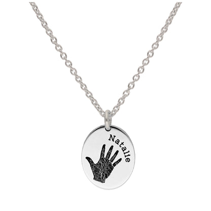 Bespoke Sterling Silver Handprint Oval Name Necklace 16 - 24 Inches