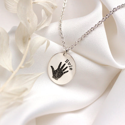 Bespoke Sterling Silver Handprint Oval Name Necklace 16 - 24 Inches