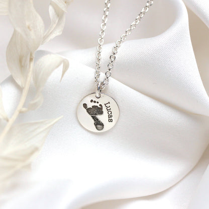 Bespoke Sterling Silver Footprint Round Name Necklace 16 - 24 Inches