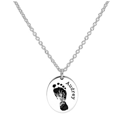 Bespoke Sterling Silver Footprint Oval Name Necklace 16 - 24 Inches