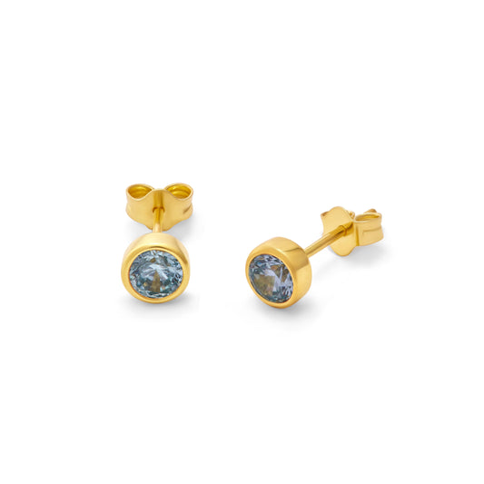 Gold Plated Sterling Silver Aquamarine CZ Rub Over 4mm Stud Earrings