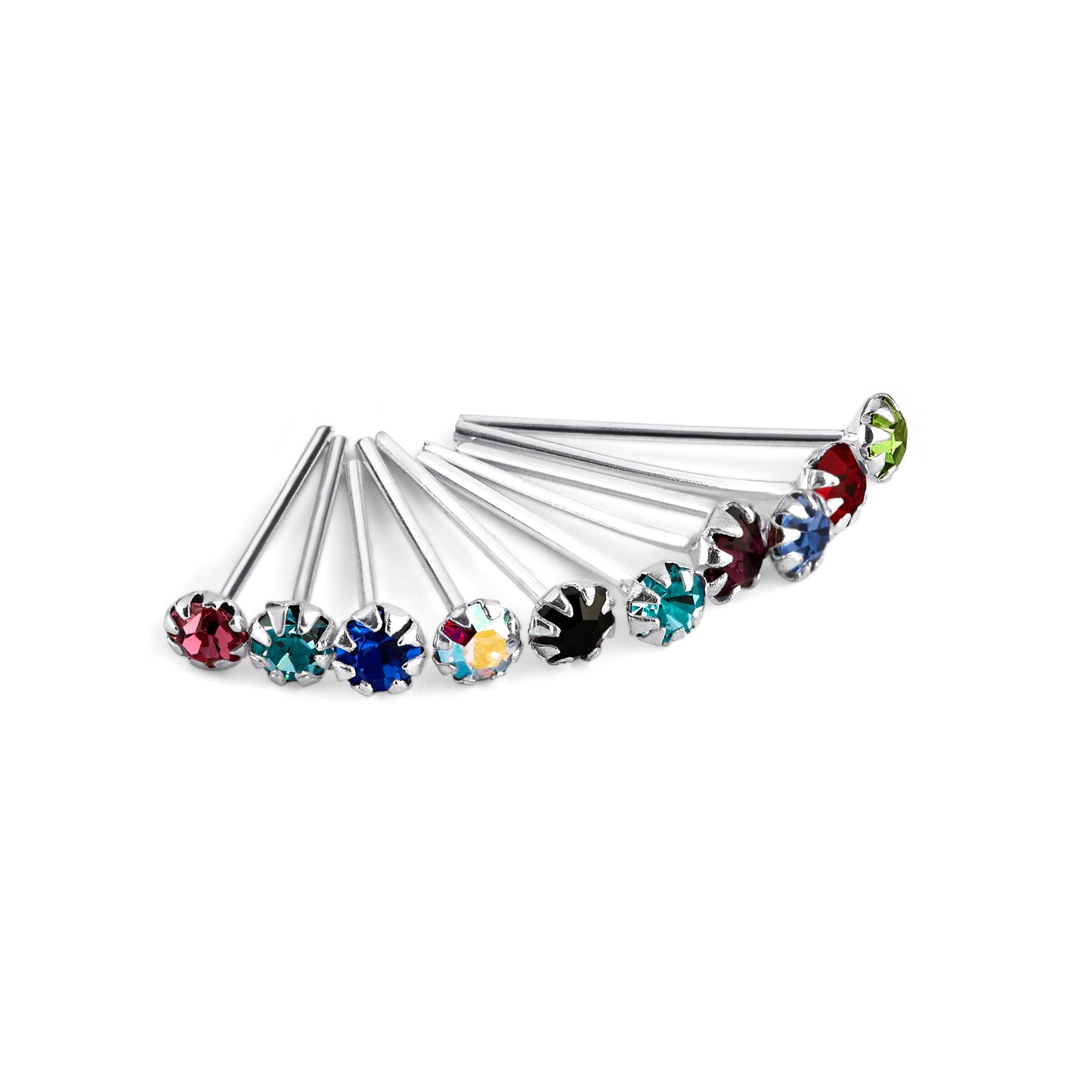 10 x Sterling Silver Multi-Colour CZ Straight End 24Ga Nose Studs