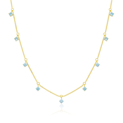 Gold Plated Sterling Silver Multi Aquamarine CZ Necklace 16+2 Inches