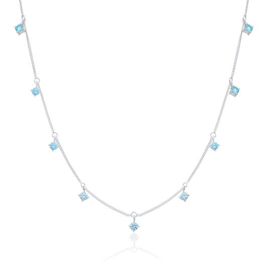 Sterling Silver Multi Aquamarine CZ Necklace 16+2 Inches