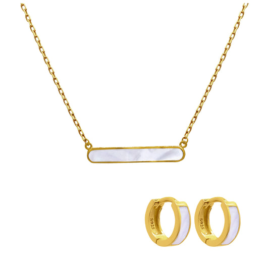 Gold Plated Sterling Silver 10mm Hinged Huggie Hoop Earrings & Mother of Pearl Bar Necklace Set