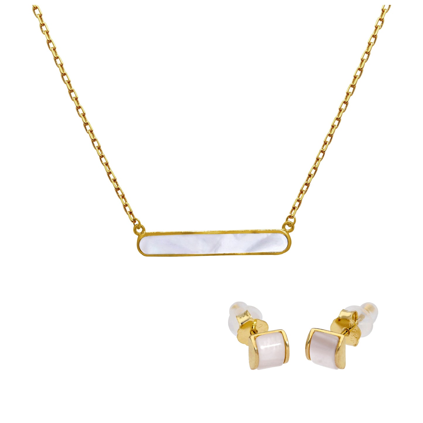 Gold Plated Sterling Silver Domed Mother of Pearl Stud Earrings & 18 Inch Bar Necklace Set