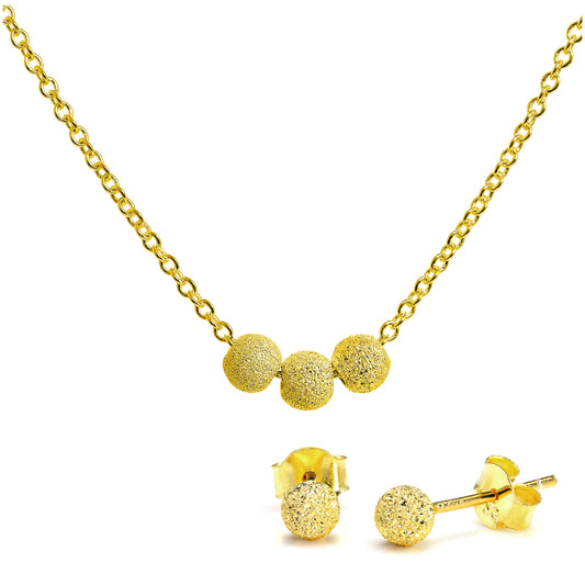 Gold Plated Sterling Silver 4mm Frosted Ball Stud Earrings & 18 Inch Triple Snowball Necklace Set