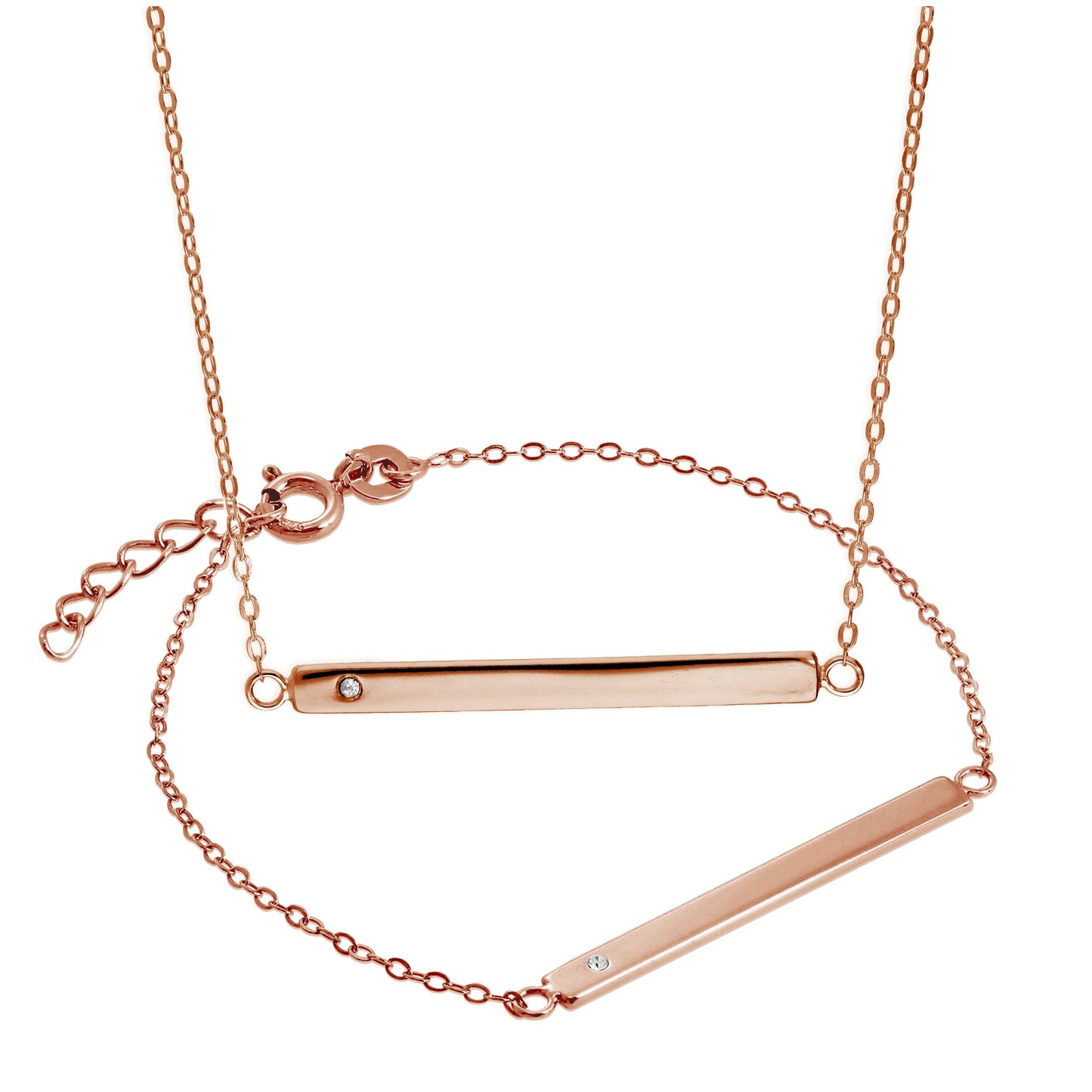 Rose Gold Plated Sterling Silver CZ Engravable Bar Necklace & ID Bracelet Set