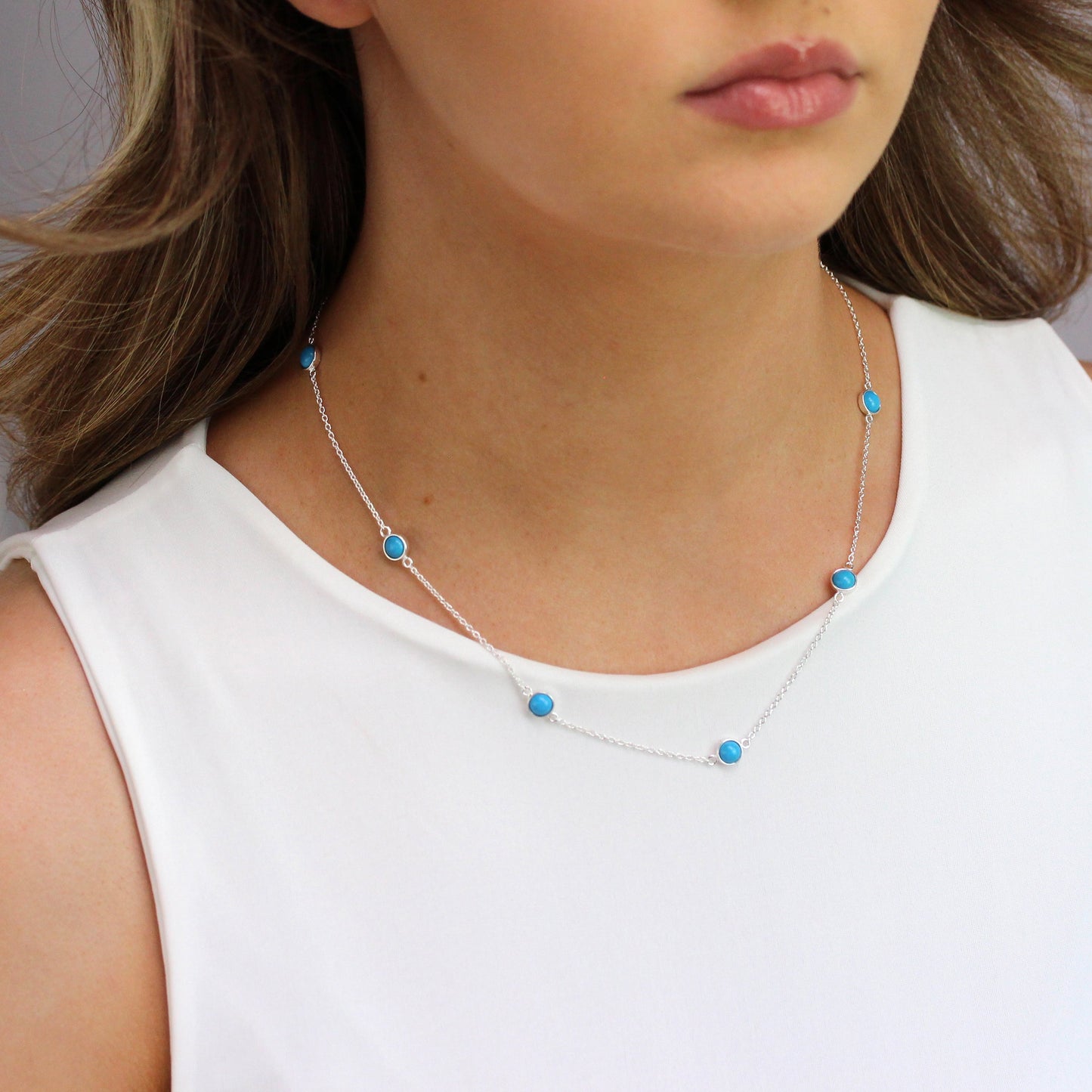 Sterling Silver Multi Turquoise Rub Over Necklace 16+2 Inches