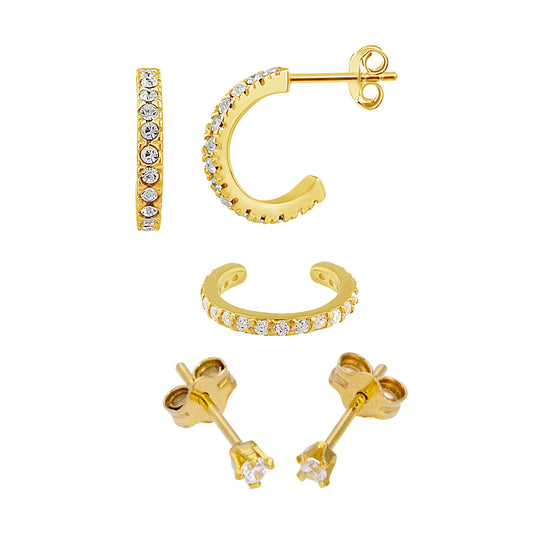 Gold Plated Sterling Silver CZ Hoop Stud & Cuff Earrings Set