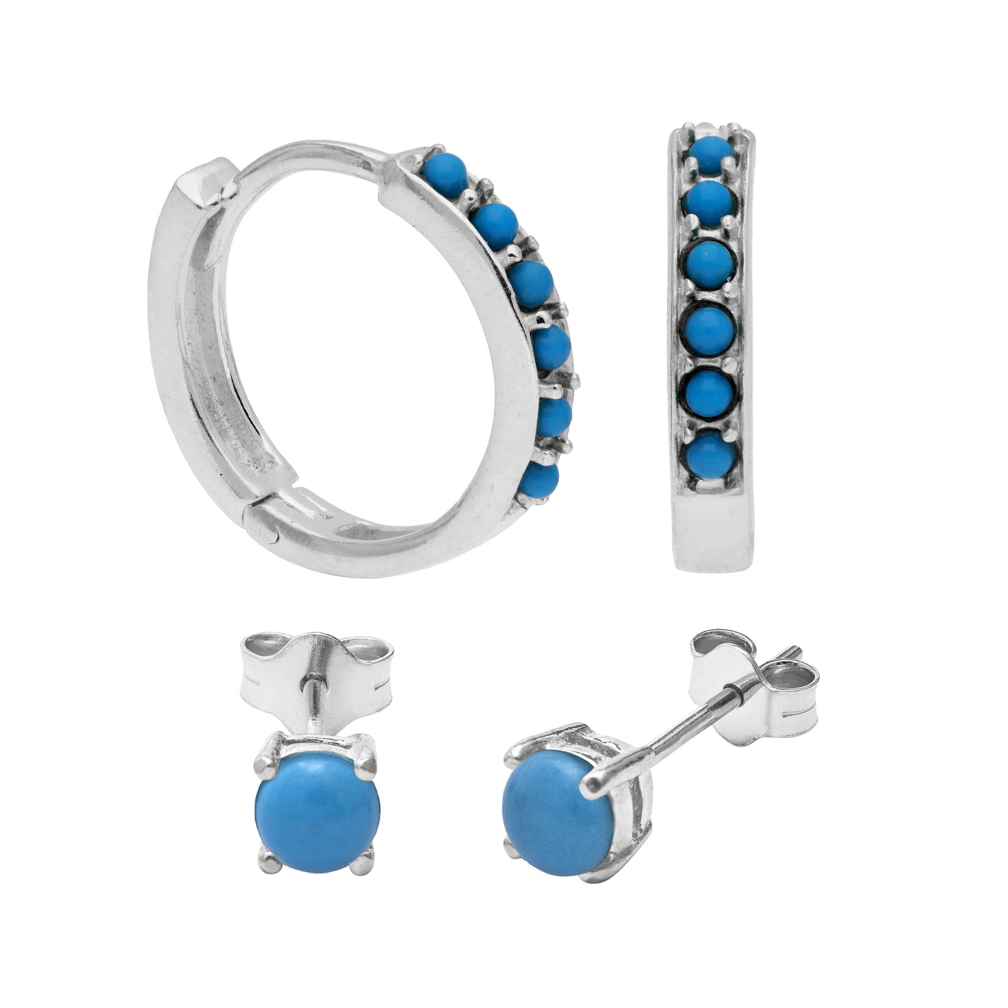 Sterling Silver Turquoise CZ Huggies & 4mm Stud Earrings Set