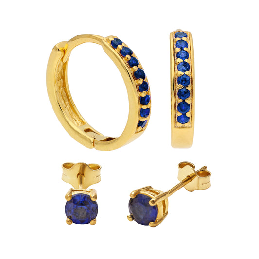 Gold Plated Sterling Silver CZ Sapphire Hoop & 4mm Stud Earrings Set