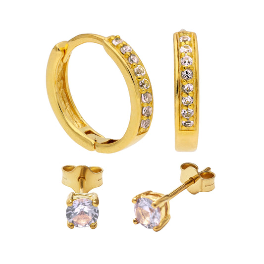 Gold Plated Silver Alexandrite CZ Huggies & Stud Earrings Set