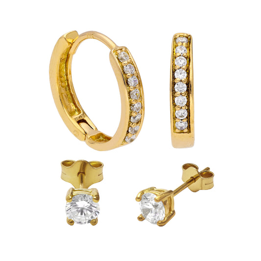 Gold Plated Silver CZ 15mm Huggies & 4mm Stud Earrings Set