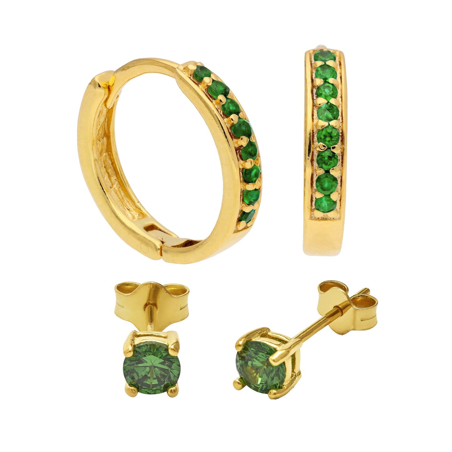 Gold Plated Sterling Silver Emerald CZ Huggies & 4mm Stud Earrings Set