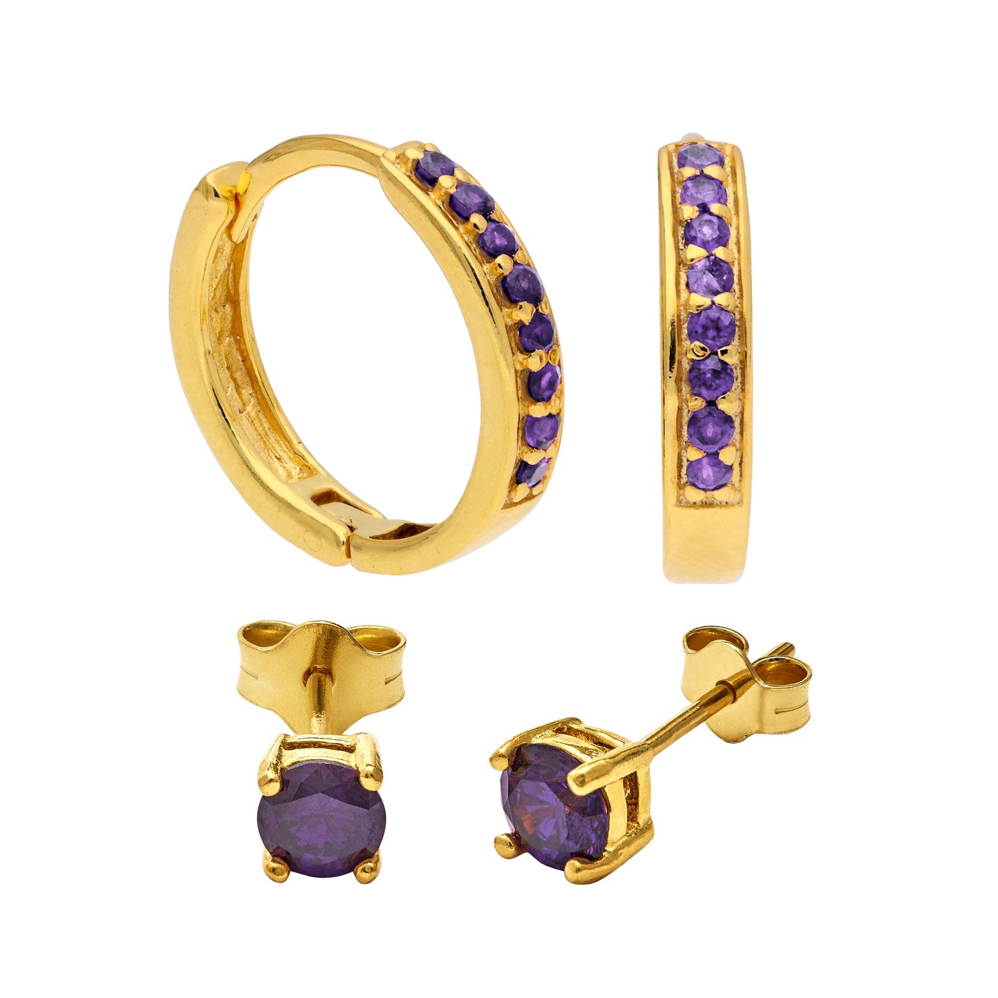 Gold Plated Sterling Silver Amethyst CZ Huggies & 4mm Stud Earrings Set