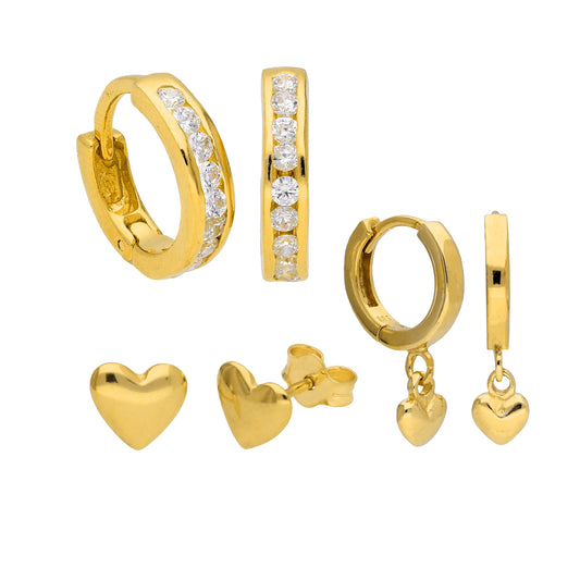 Gold Plated Sterling Silver CZ & Heart Huggies & Stud Earrings Set