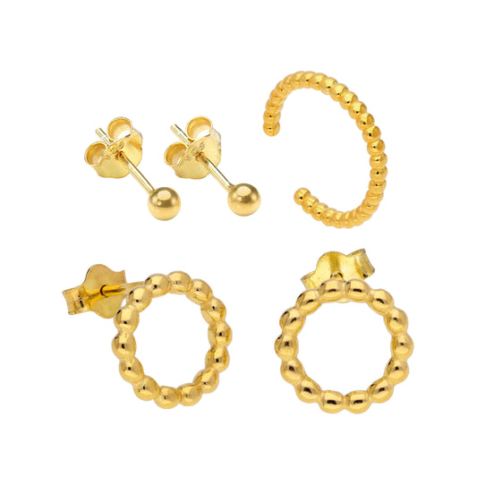 Gold Plated Sterling Silver Bobble & 3mm Ball Studs & Cuff Earrings Set