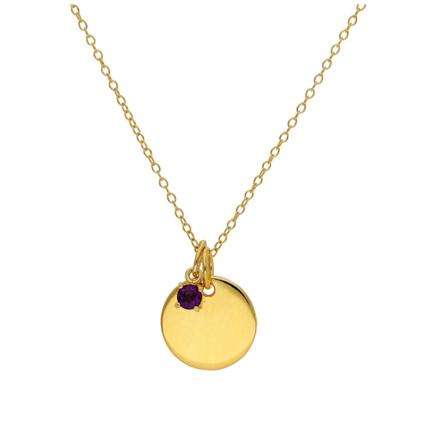 Gold Plated Sterling Silver Birthstone CZ & Round Engravable Tag Necklace 16 - 22 Inches