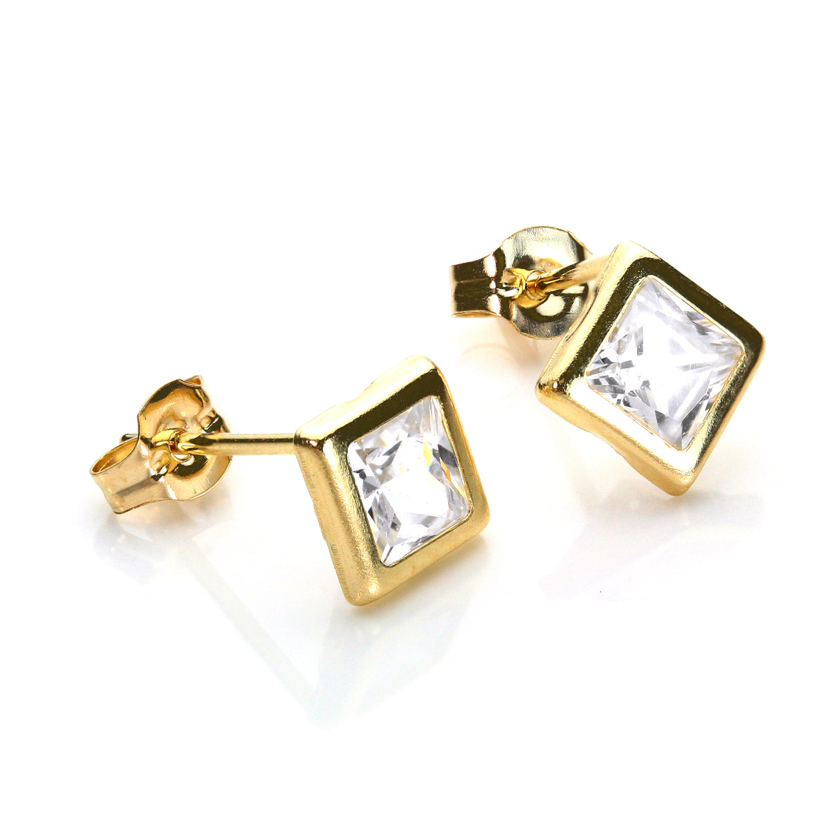 9ct Yellow Gold Clear CZ 5mm Square Stud Earrings