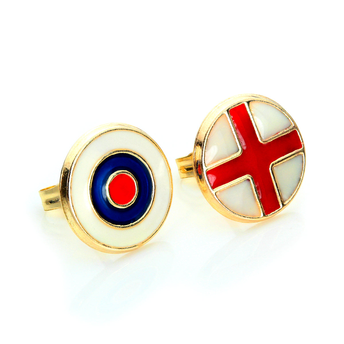 9ct Yellow Gold Enamelled England Flag & Target Stud Earrings