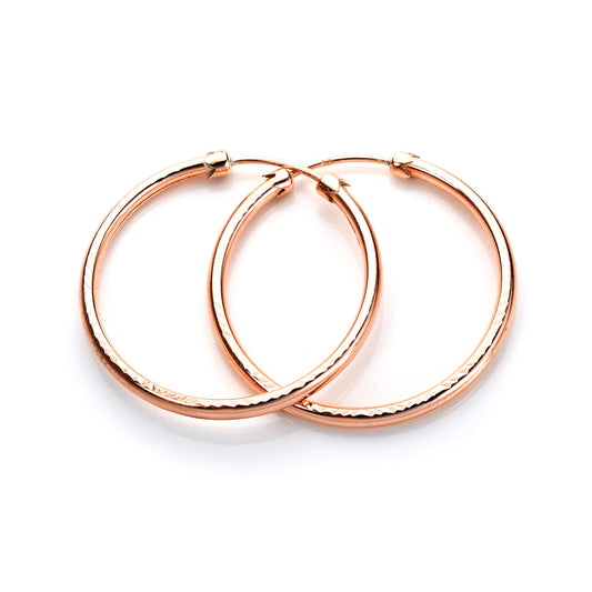 9ct Rose Gold 26mm Diamond Cut Capped Tube Hoop Earrings