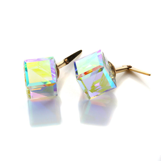 Andralok 9 karat gult gull Aurora Borealis Crystal Cube Stud øredobber