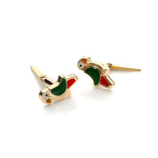 9ct Gold Andralok Enamelled Parrot Bird Stud Earrings