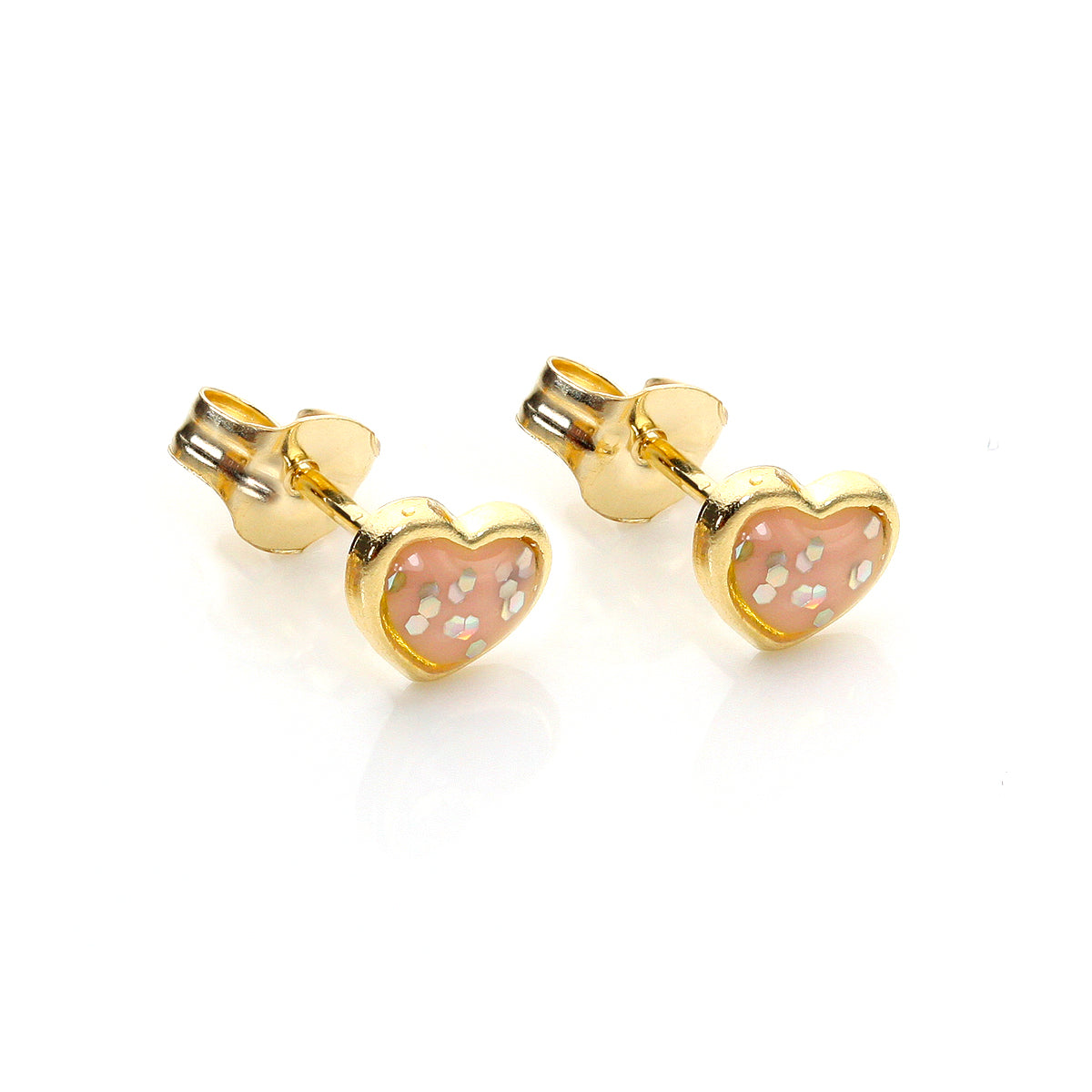 9ct Yellow Gold Enamelled & Glitter Heart Stud Earrings