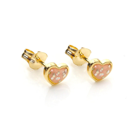 9ct Yellow Gold Enamelled & Glitter Heart Stud Earrings