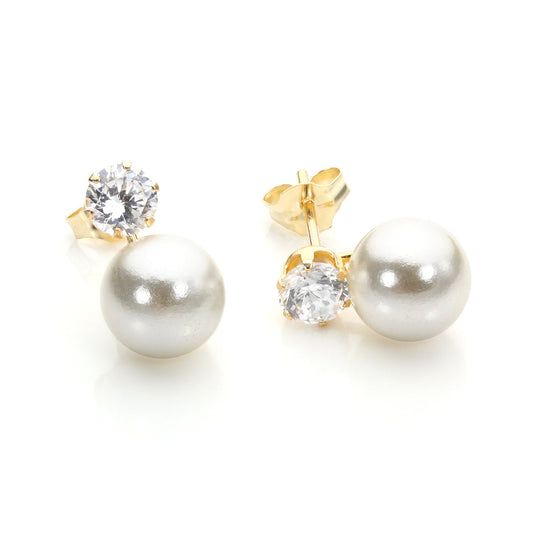 9ct Yellow Gold Clear CZ & Pearl Stud Earrings