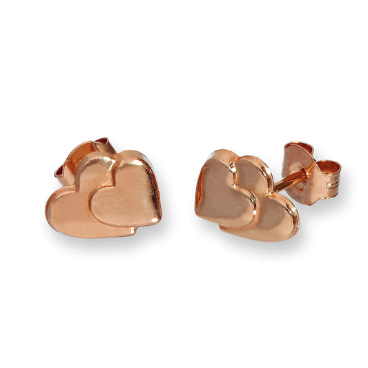 9ct Rose Gold Flat Double Heart Stud Earrings