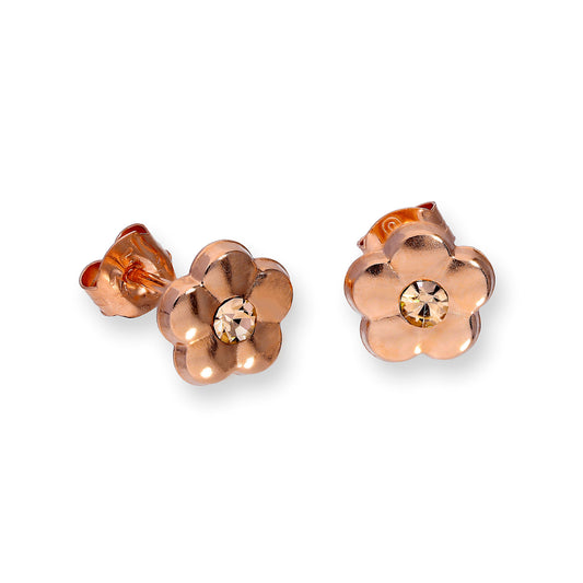 9ct Rose Gold & Orange CZ Crystal Flat Flower Stud Earrings