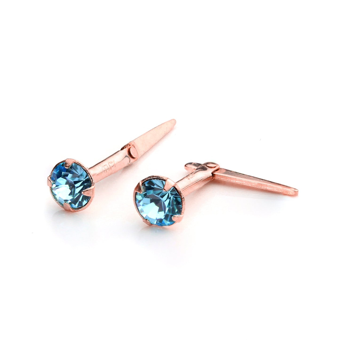 9ct Rose Gold Andralok Stud Earrings w 3mm CZ Crystal Clear Aquamarine Sapphire