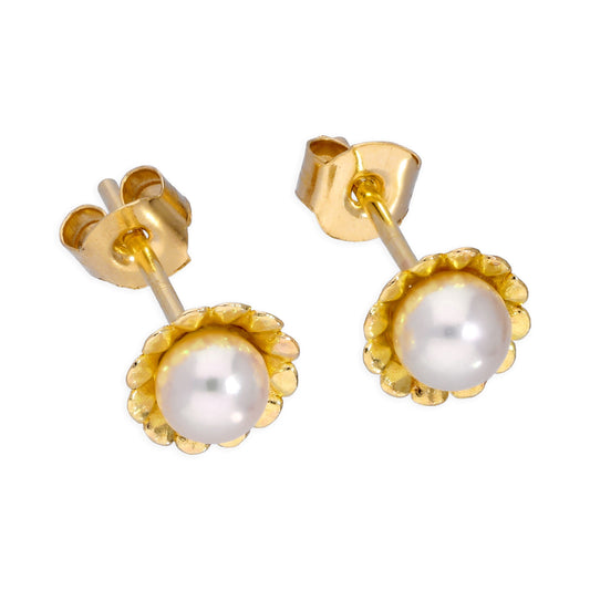 9ct Gold & 4mm Cultured Pearl Flower Stud Earrings