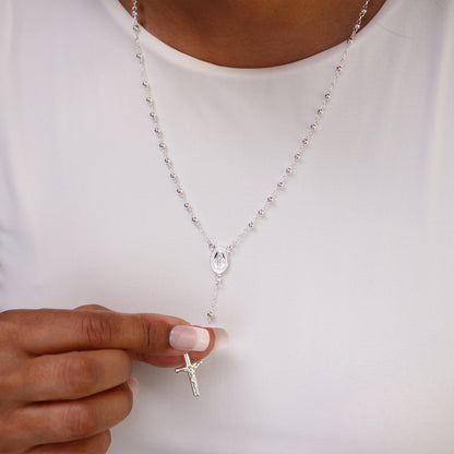 Sterling Silver Rosary Bead Necklace - 20 Inches