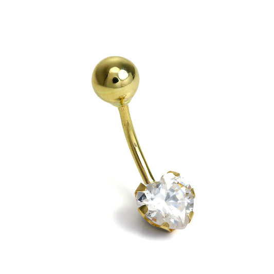 9ct Gold Belly Bar Piercing with Clear CZ Crystal Heart