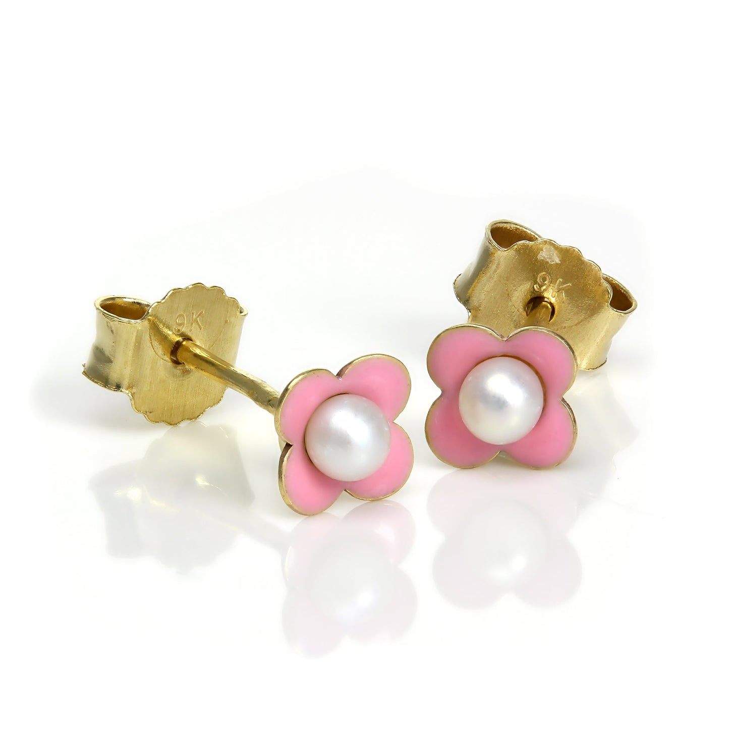 9ct Gold & Pink Enamel Pearl Flower Stud Earrings