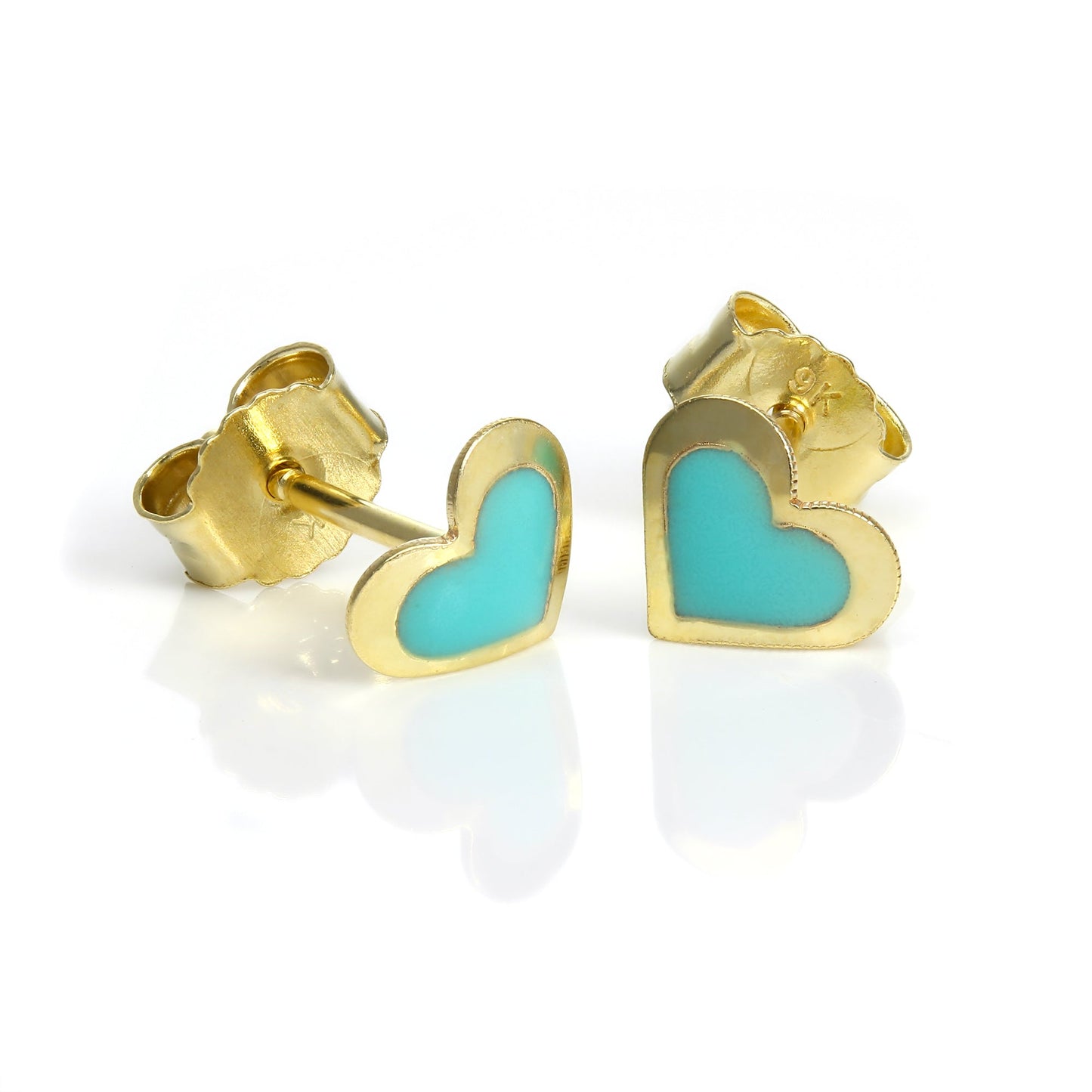 9ct Gold & Turquoise Enamel Heart Stud Earrings