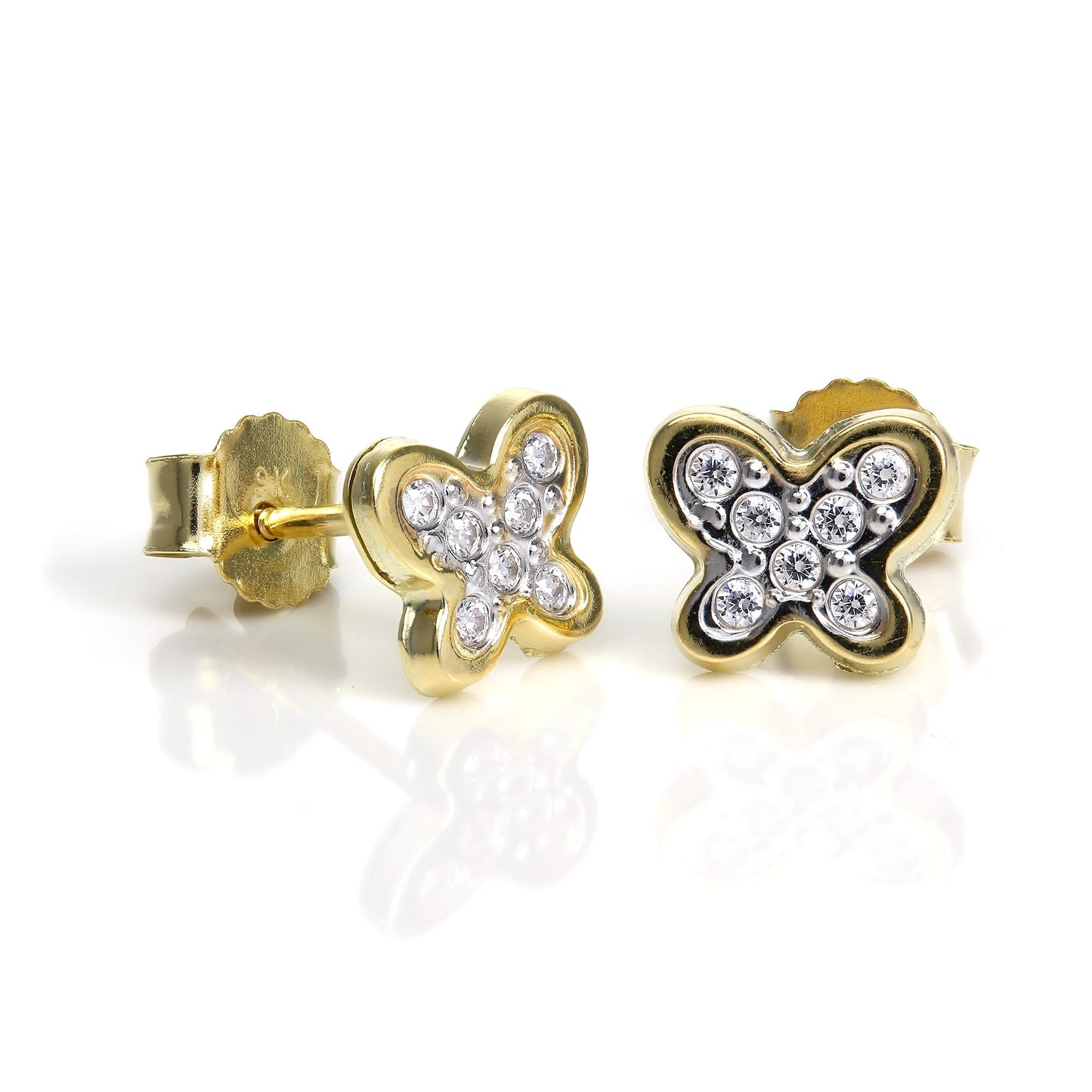 9ct Gold & Clear CZ Crystal Encrusted Butterfly Stud Earrings