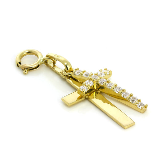 9ct Gold & CZ Crystal Encrusted Double Cross Clip on Charm