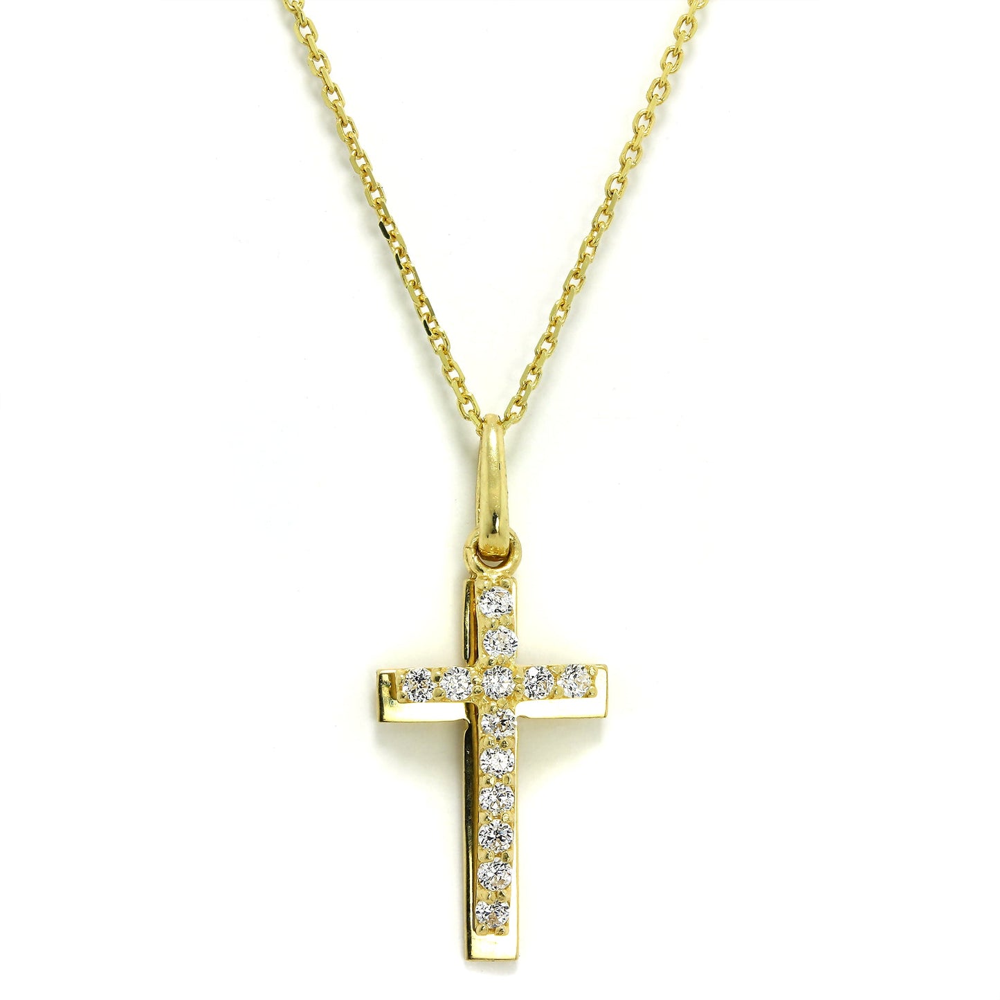 9ct Gold & CZ Crystal Encrusted Double Cross Pendant Necklace 16-20 Inches