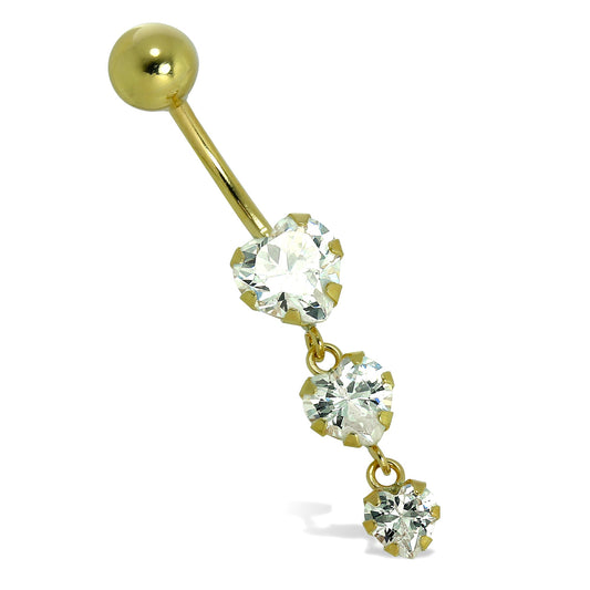 9ct Gold & Triple CZ Crystal Heart Ball End Belly Bar Piercing