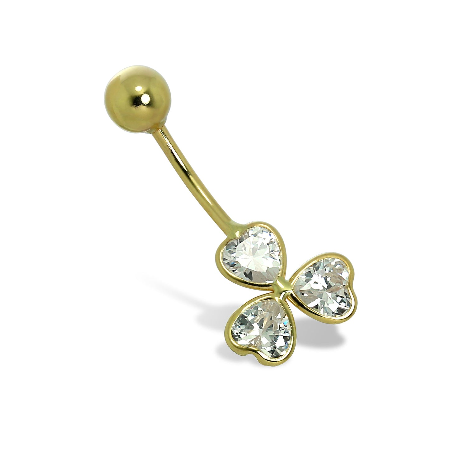 9ct Gold & CZ Crystal Clover Flower Ball End Belly Bar Piercing