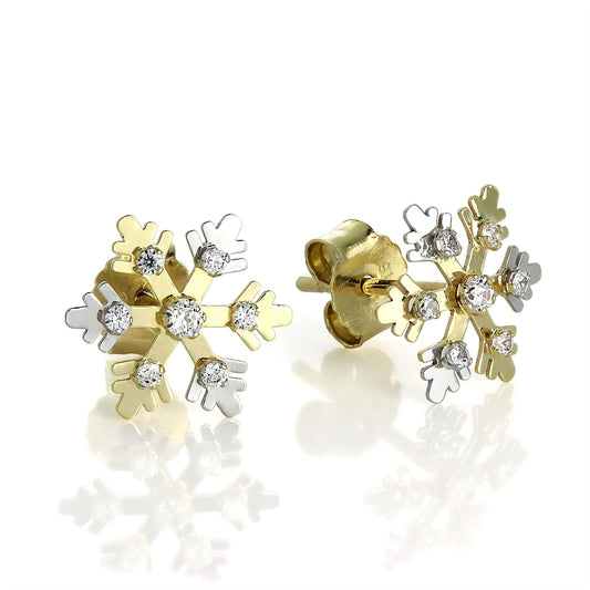 9ct White & Yellow Gold & CZ Crystal Snowflake Stud Earrings