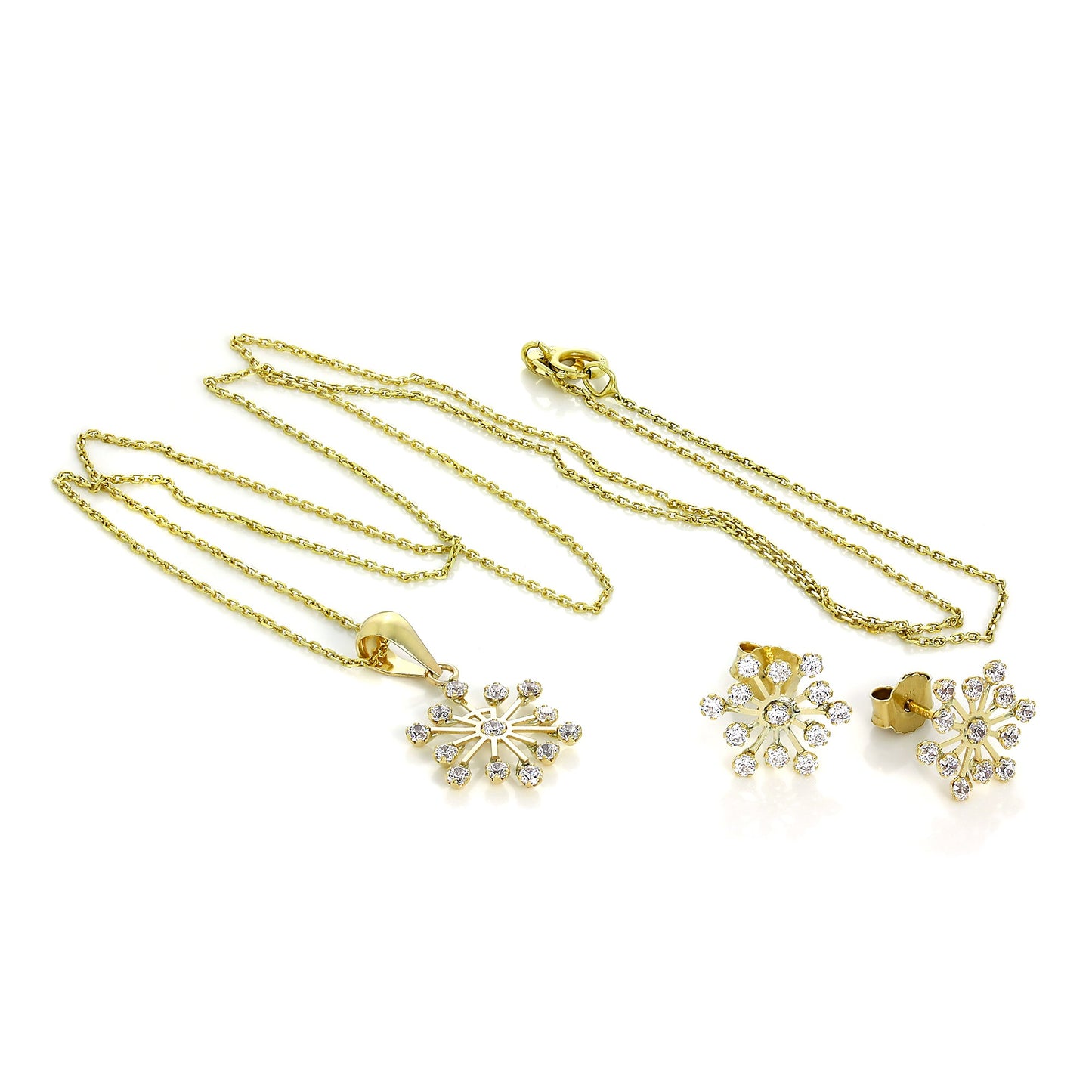 9ct Gold & CZ Crystal Snowflake Pendant & Stud Earrings Set